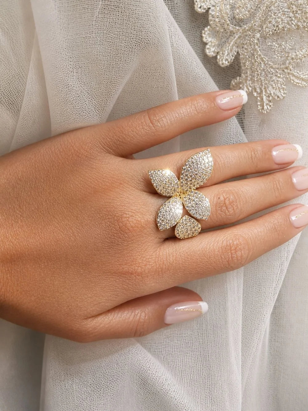 Glam luxury Silver Pave Floral Statement Ring